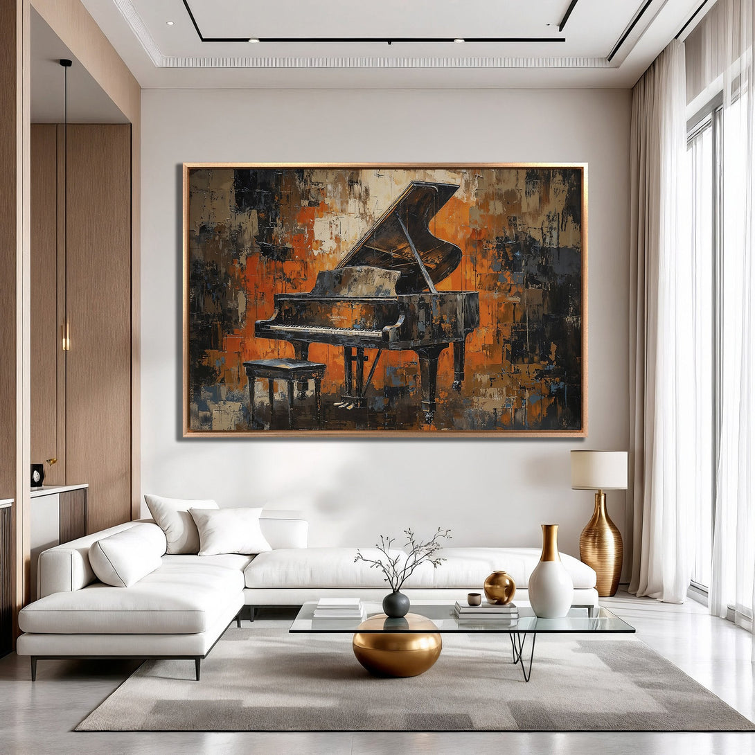 Framed Wall Art: Abstract piano painting in orange, black, and brown tones. Modern art for living room decor. Enhance your space with this statement piece.