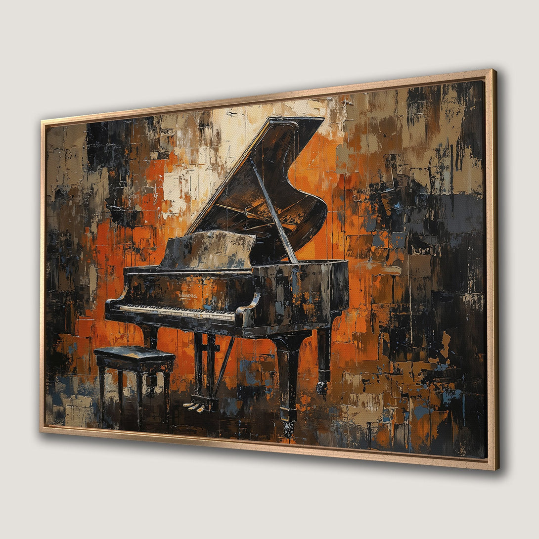 Framed Wall Art: Abstract piano painting in warm orange, black, and brown tones. Add a touch of musical elegance to your space.