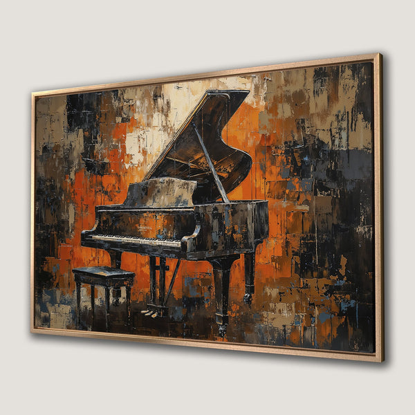 Framed Wall Art: Abstract piano painting in warm orange, black, and brown tones. Add a touch of musical elegance to your space.