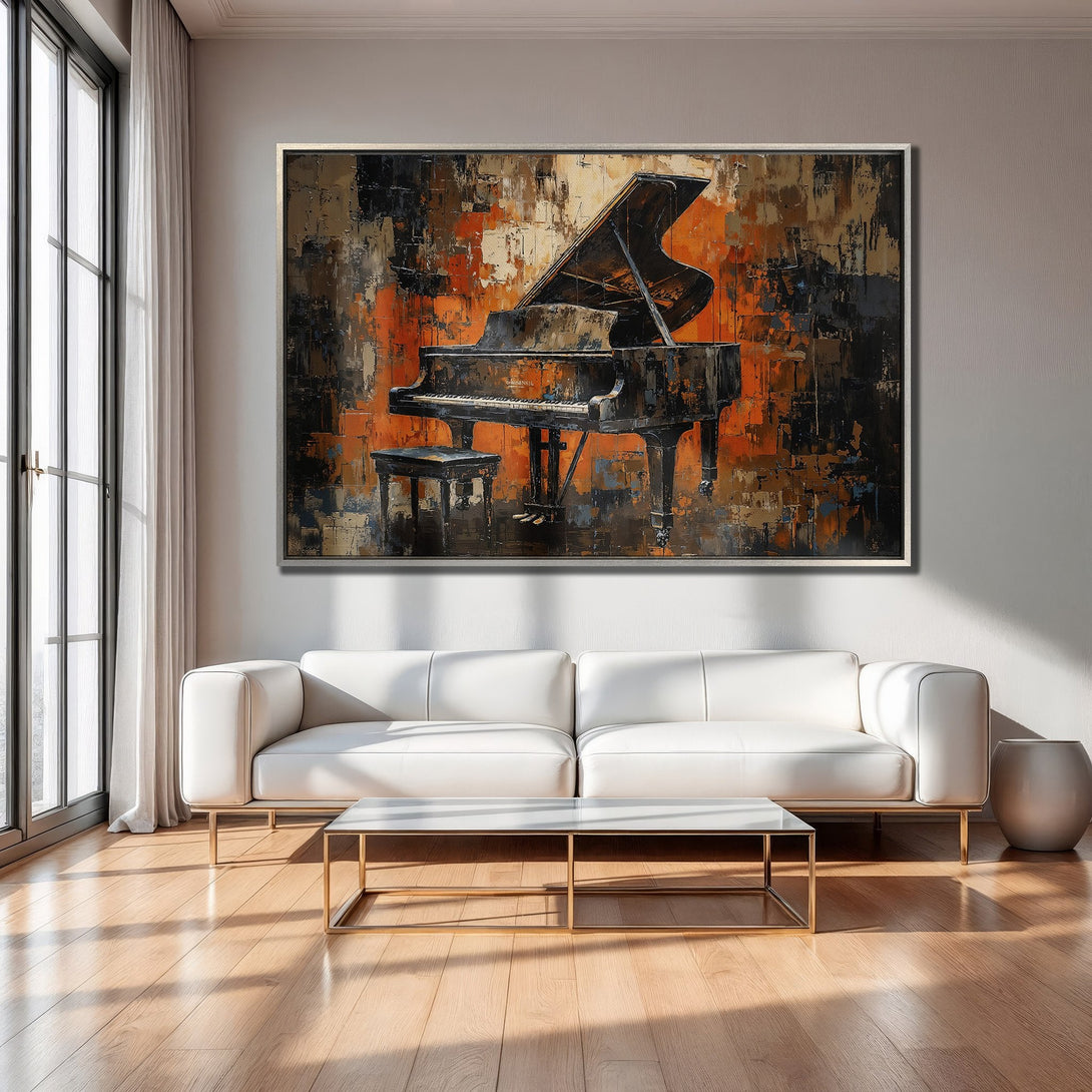 Framed Wall Art featuring a grand piano in an abstract style with a warm orange and black color palette, perfect for any living room.