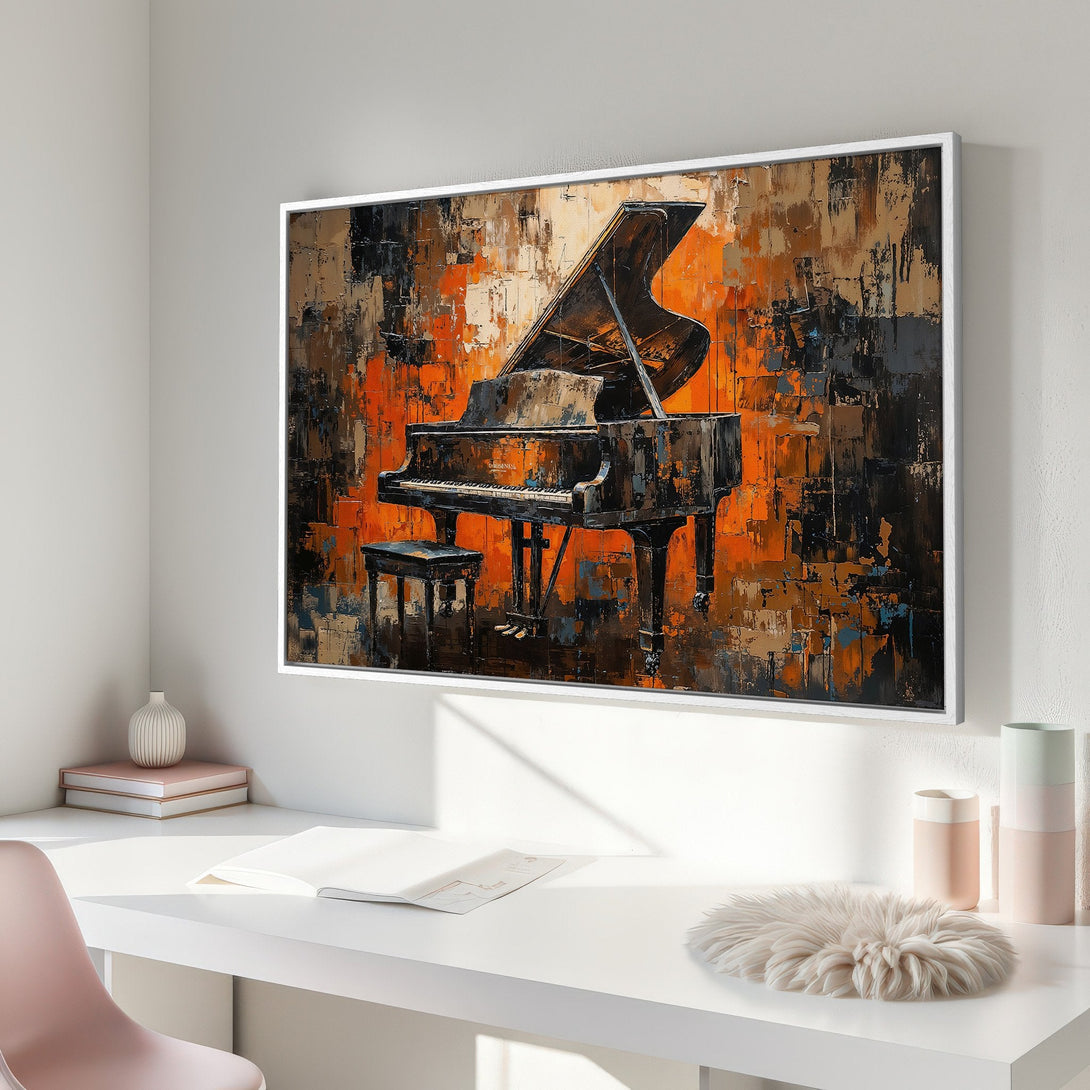 Framed Wall Art of a grand piano in an abstract style. Warm orange, black, and brown tones create a striking focal point for any room.