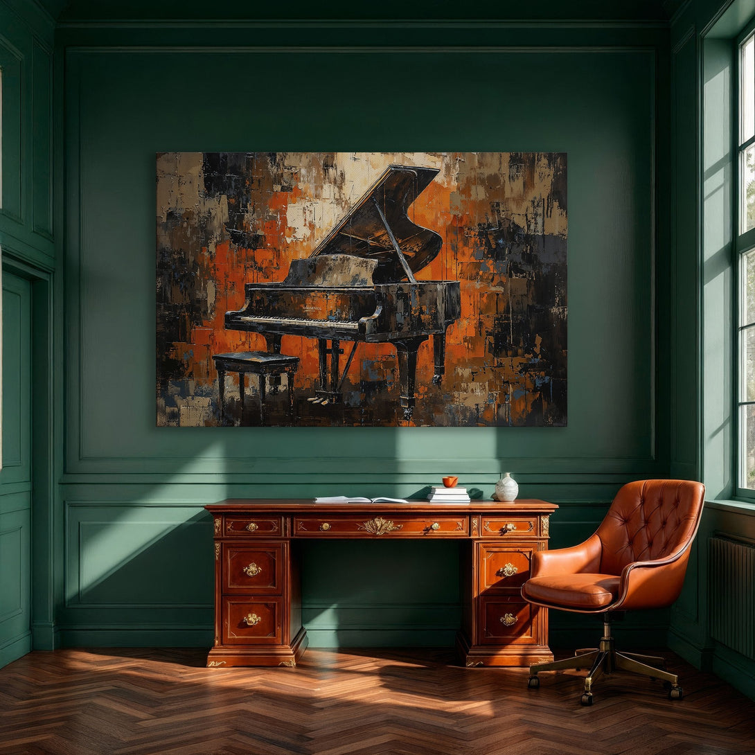 Framed Wall Art featuring an abstract piano painting in warm orange and black tones, perfect for modern interior decor.