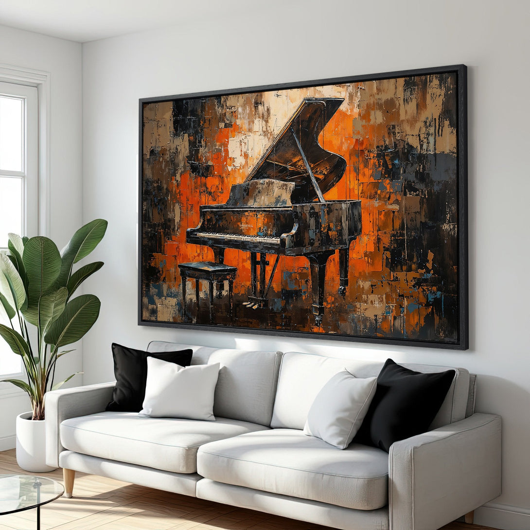 Framed Wall Art: Abstract piano artwork with a warm orange, brown, and black color palette. Perfect for living room decor. Add musical flair to your space!