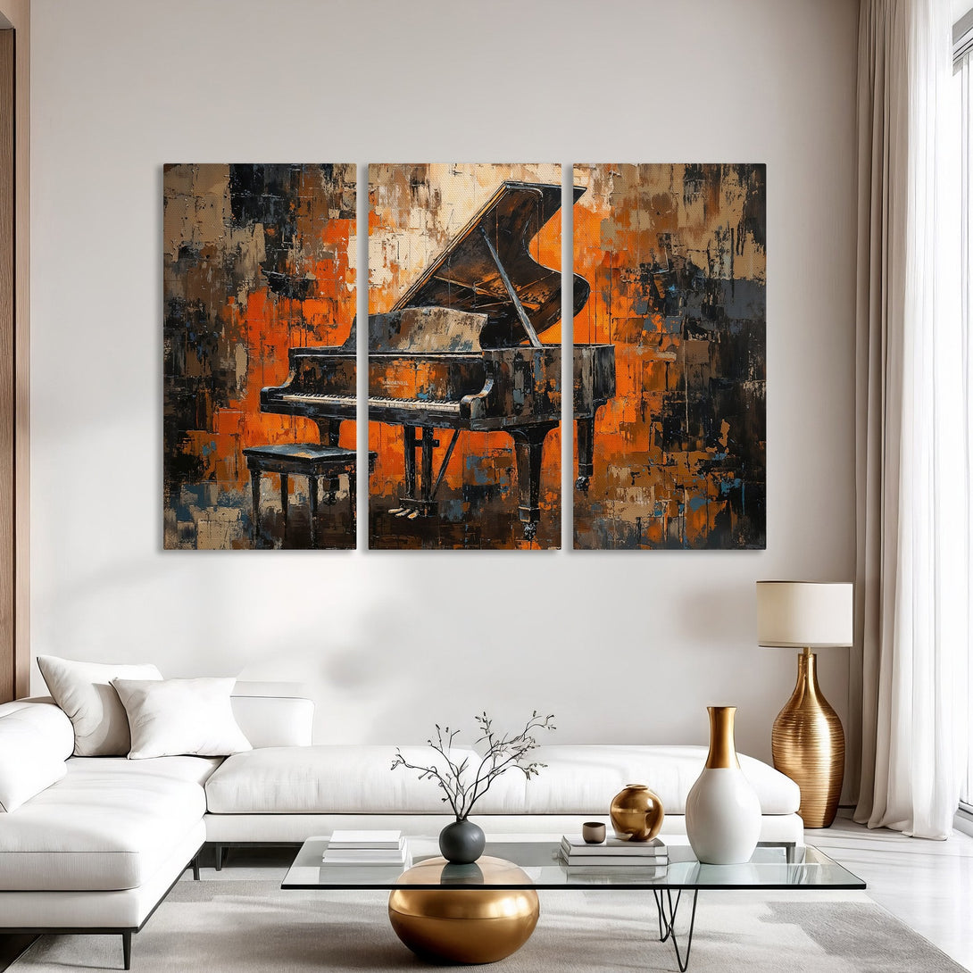 Abstract Canvas Print of a grand piano in a modern interior. Features a textured, impressionistic style with a warm orange, black, and brown color palette.
