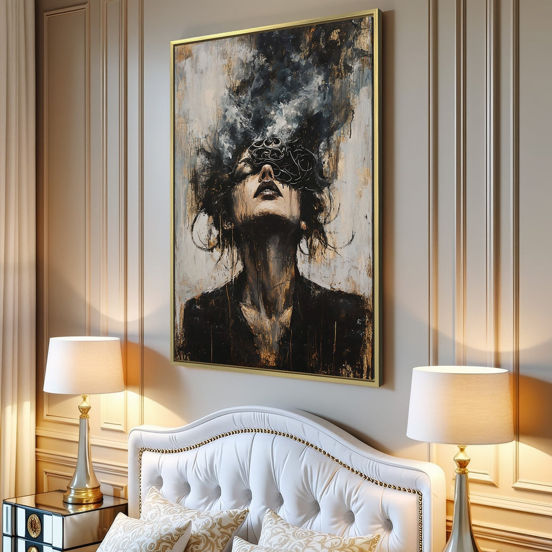 Canvas Print of a woman with abstract art, neutral color palette, displayed in a modern living room. Perfect wall decor!