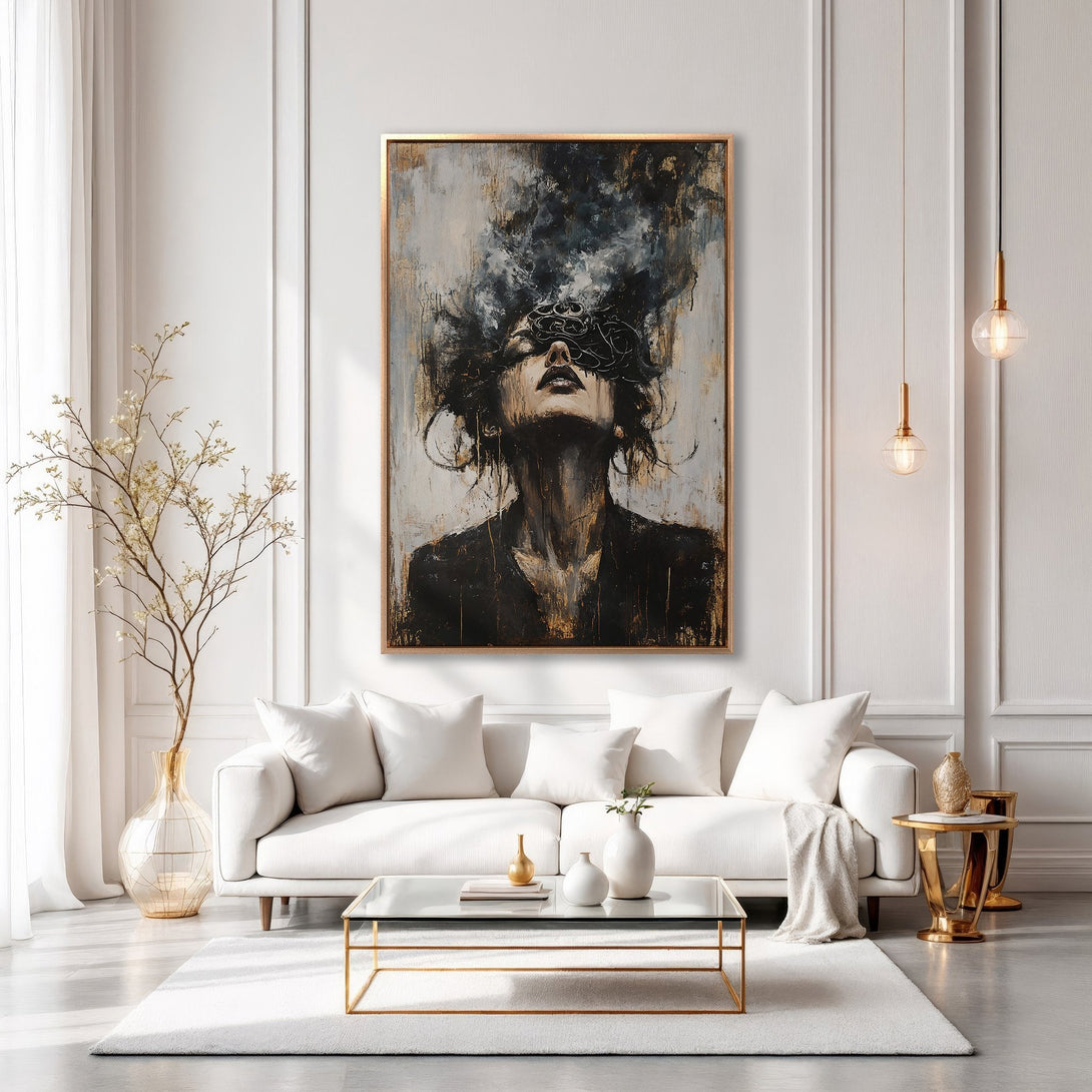 Framed Wall Art: Abstract portrait canvas print in neutral tones. Modern art for living room decor. Gold frame complements the elegant interior design.