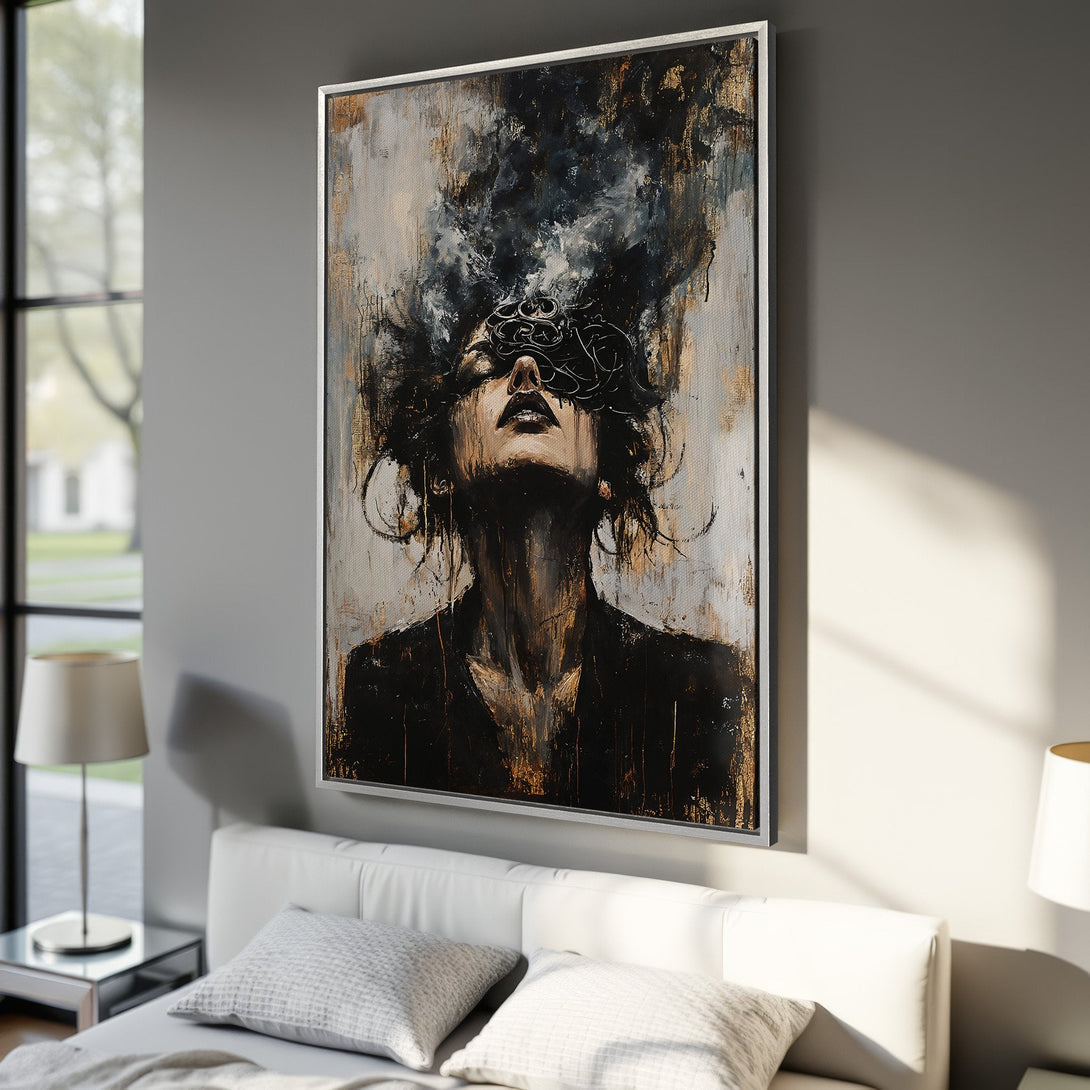 Framed Wall Art: Abstract portrait canvas print in black, gold, and gray tones. Modern art for bedroom decor. Elevate your space with this unique piece.