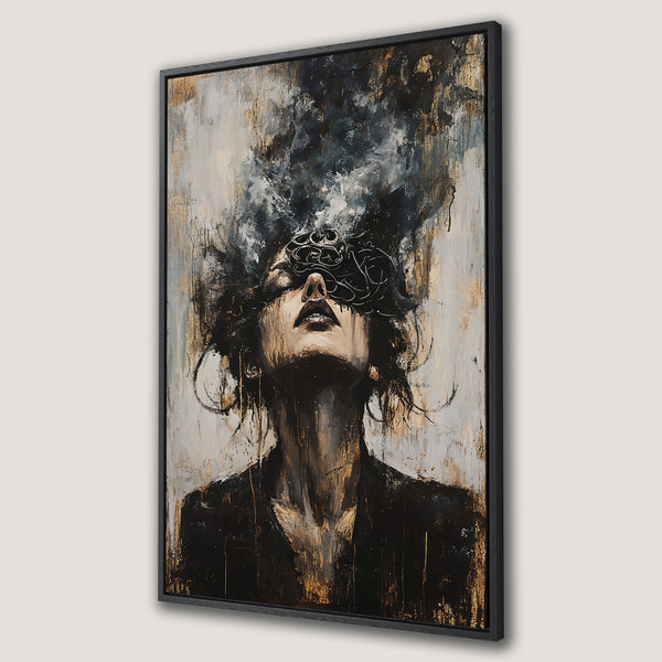 Framed Wall Art: Abstract portrait of a woman with a dark, moody color palette. Dramatic art print with gold accents for modern decor.