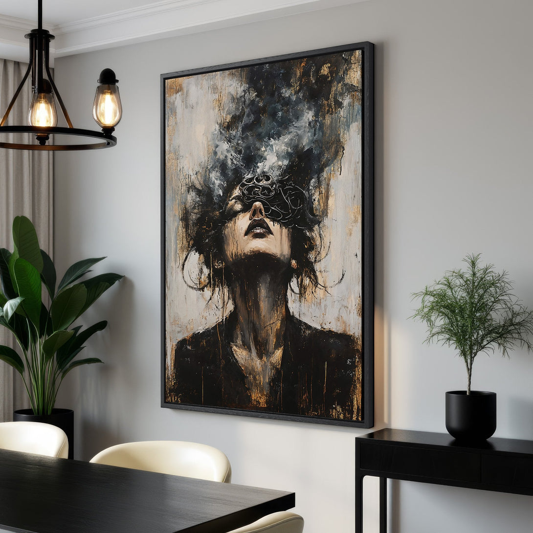 Framed Wall Art of a woman with abstract expressionist style, featuring a black, gold, and neutral color palette. Perfect for modern interior decor.