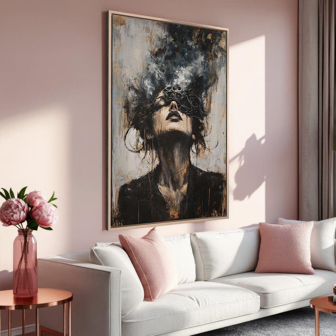 Framed Wall Art featuring an abstract portrait in black, gold, and white. Modern art canvas print adds a touch of elegance to any interior with a pink color palette.