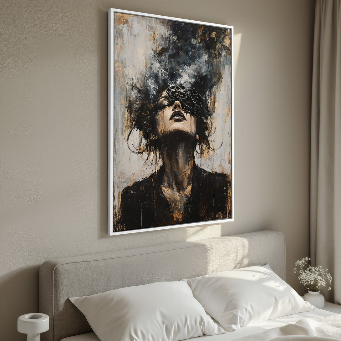Framed Wall Art: Abstract portrait canvas print in a modern bedroom. Features a woman with dark hair, neutral & gold tones. Elevate your space!
