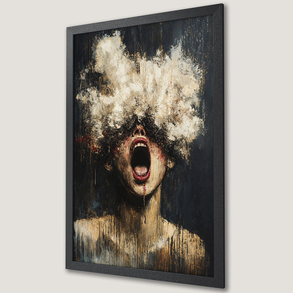 Framed Poster: Abstract art featuring a screaming face, dark palette with black, gold, and red accents. Dramatic, expressive artwork.