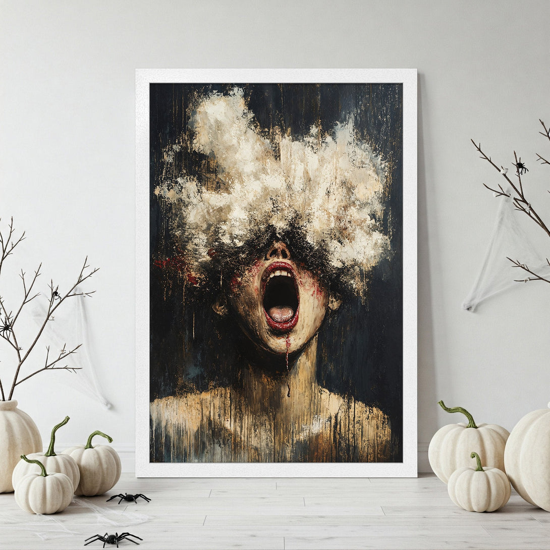 Framed Poster featuring an abstract, expressive face with dark, moody colors. Perfect for Halloween decor.