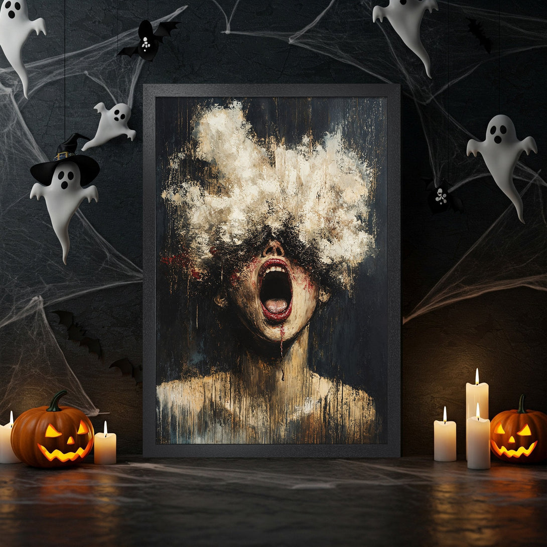 Framed Poster: Spooky abstract art in black, white, and gold. Perfect Halloween decor!