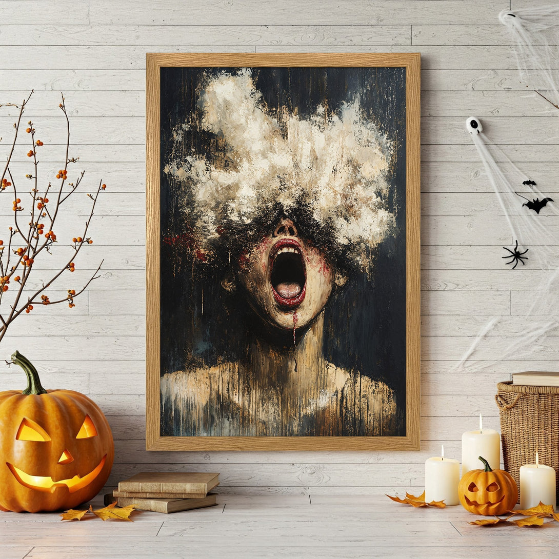 Framed Poster featuring a screaming face in a dark, abstract style with a moody black, white, and red color palette. Perfect Halloween decor!