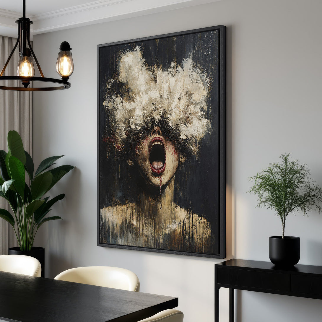Framed Wall Art: Abstract expressionist canvas print with a dark, moody palette. Featuring a screaming figure in black, white, and red, perfect for a modern interior.