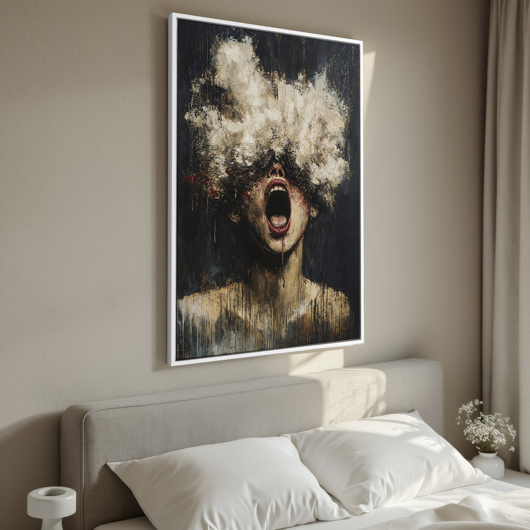 Framed Wall Art: Dramatic abstract art canvas print featuring a screaming figure, dark and moody color palette, perfect for a modern bedroom.