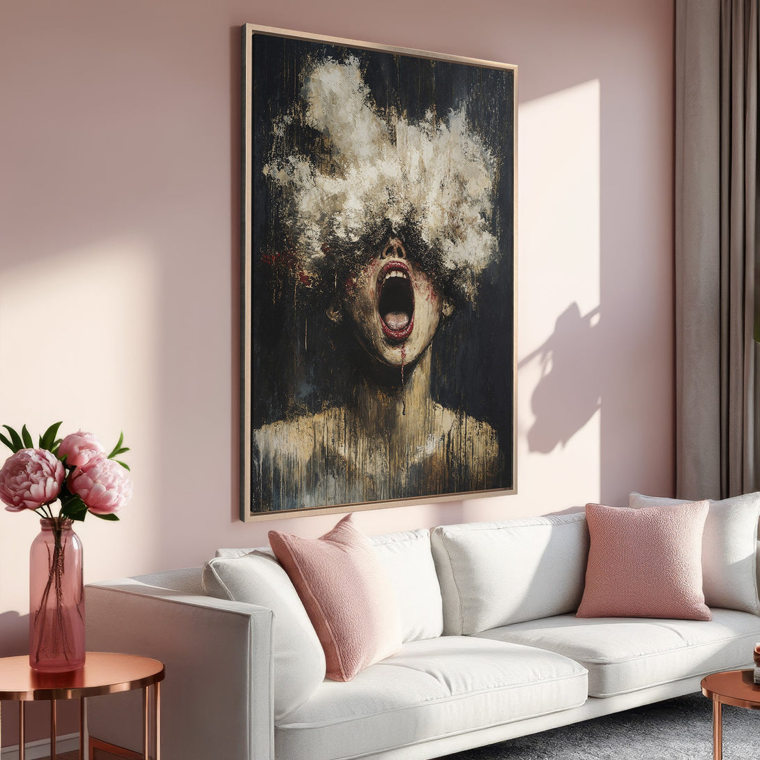 Framed Wall Art: Abstract portrait in dark & neutral tones. Modern art canvas print with a striking, emotive design. Perfect for adding drama to your space.