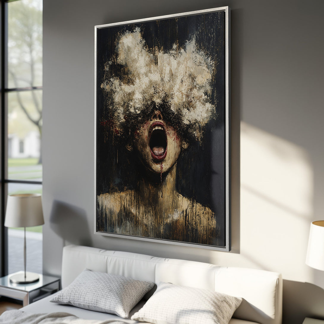 Framed Wall Art: Abstract expressionist canvas print in dark, moody tones. Features a dramatic figure with a black, white, and gold color palette. Perfect for modern interiors.