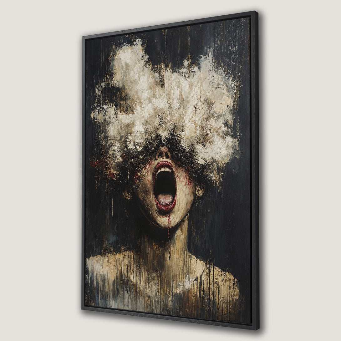 Framed Wall Art: Abstract expressionist canvas print of a screaming figure. Dark, moody color palette with black, gold, and red accents. Add drama to your space!
