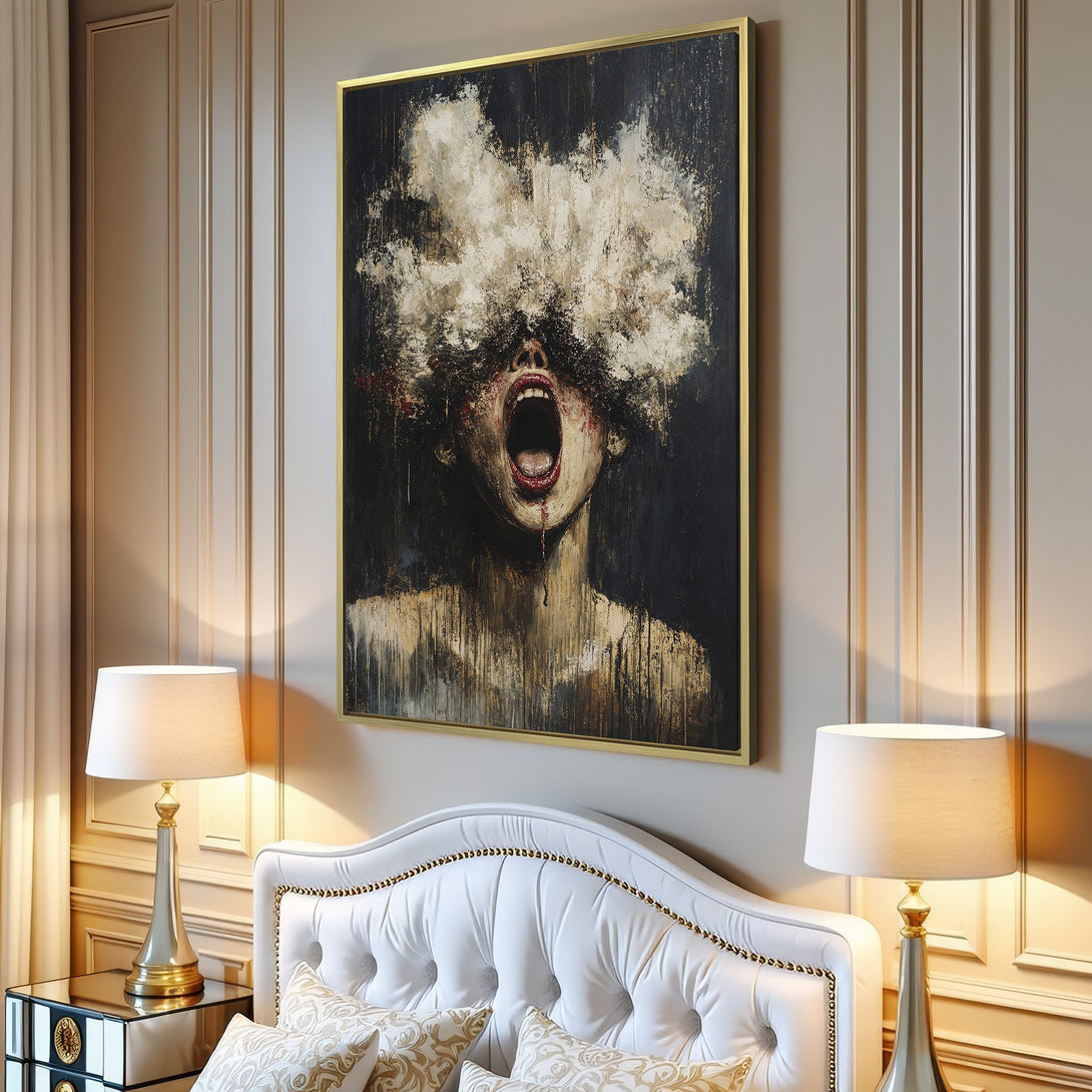 Canvas Print: Dramatic artwork of a screaming figure with a dark, moody color palette. Perfect for modern interior decor.