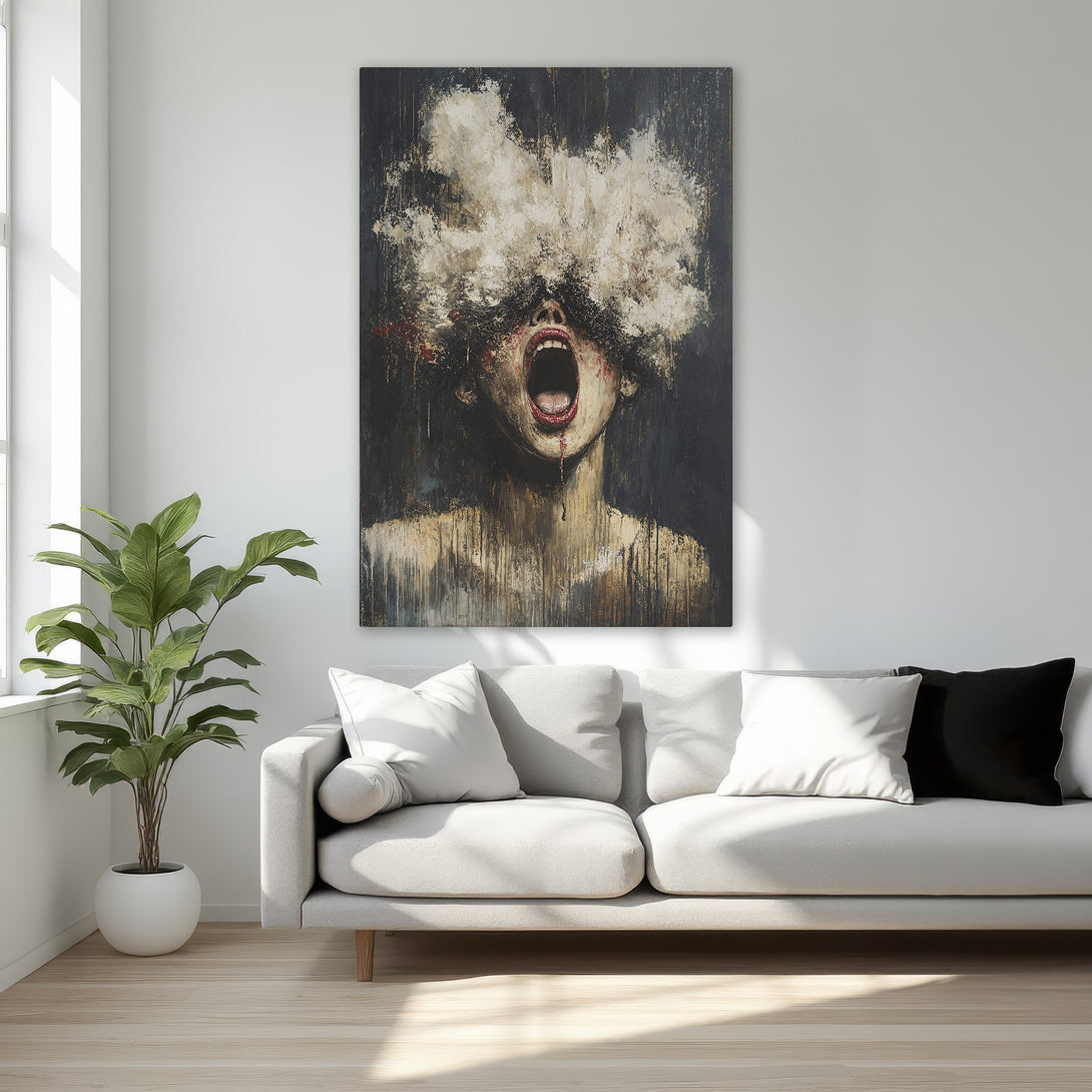 Framed Wall Art: Abstract expressionist canvas print with a woman's face, dramatic dark & gold color palette, perfect for modern decor.