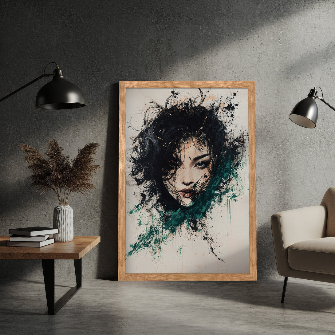 Framed Poster featuring a floral bouquet painting in a dark, moody style with a pink, blue, and white color palette.