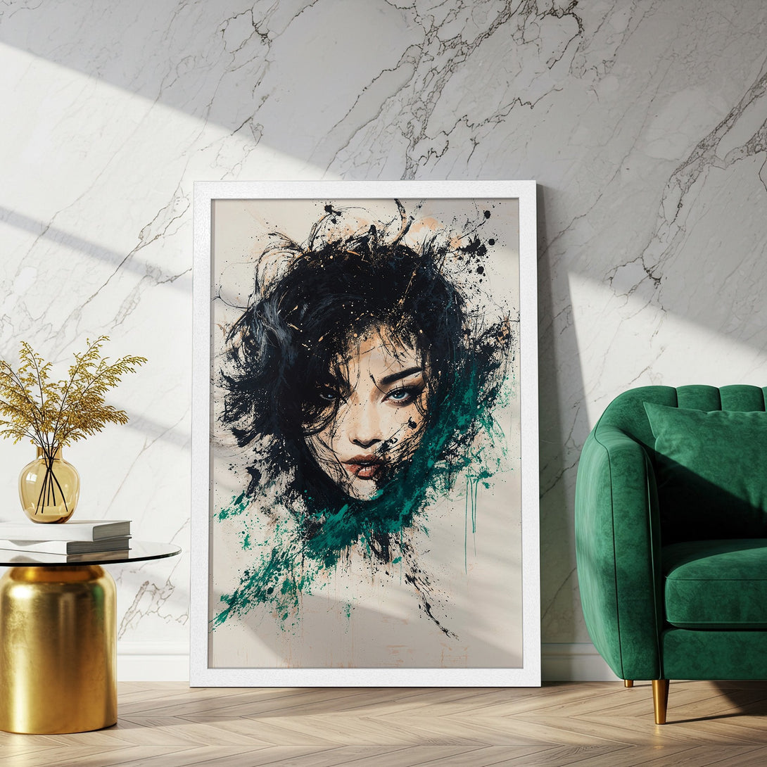 Framed Poster featuring a floral bouquet in a dark, painterly style with a vibrant pink, blue, and white color palette. Perfect wall art!