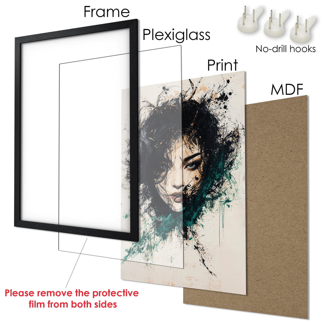 Framed Poster featuring a floral design with a dark background and a vibrant color palette. Perfect wall art!