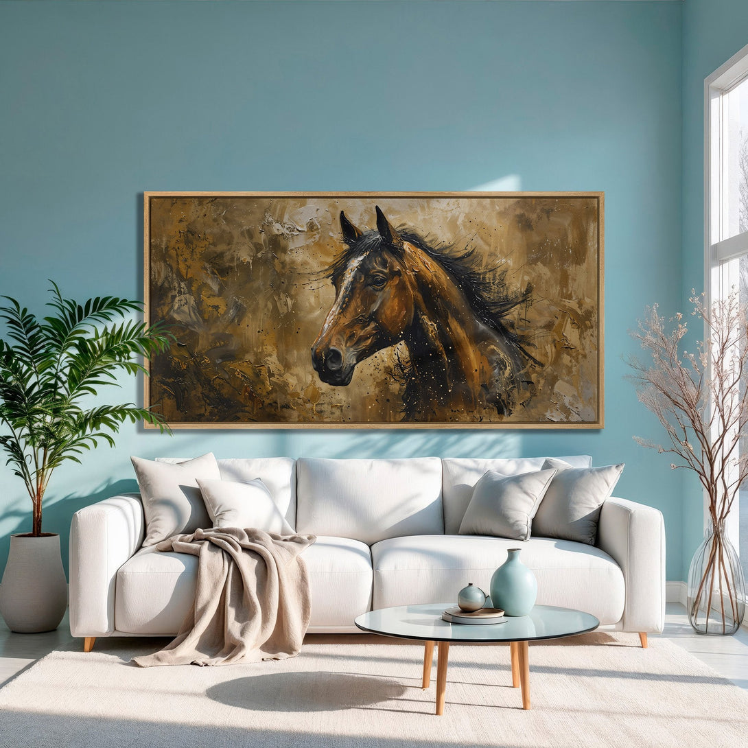 Framed Wall Art: Stunning horse portrait in warm brown and gold tones. Perfect for adding a touch of elegance to any room. Shop now!