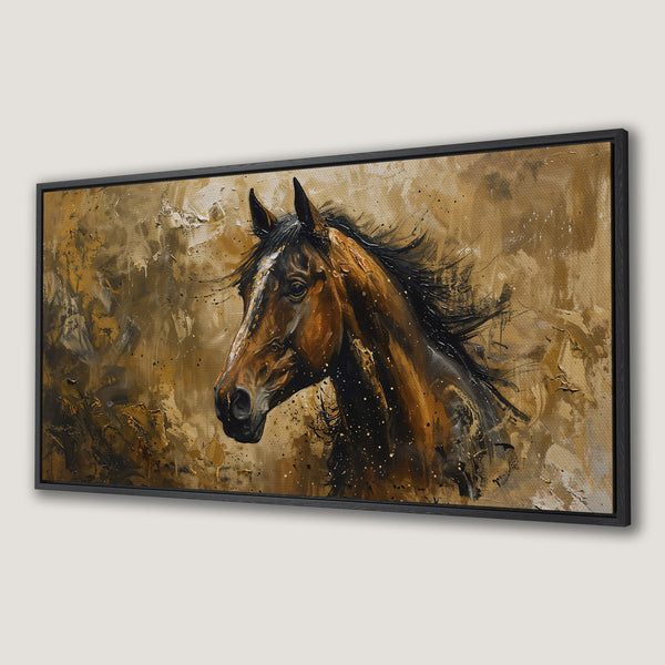 Framed Wall Art: Stunning horse portrait in a modern, abstract style with a warm, earthy color palette. Perfect for adding elegance to any space.