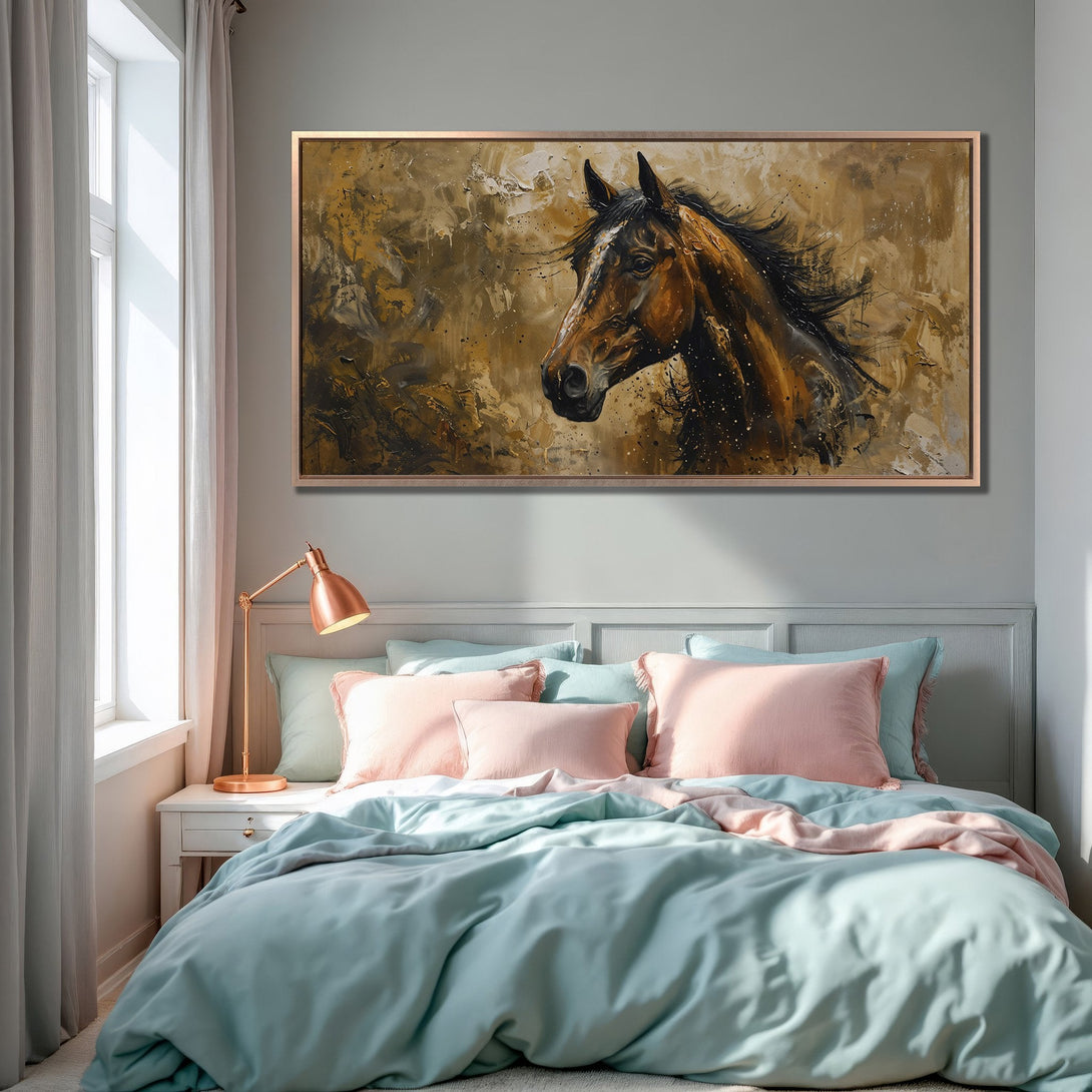 Framed Wall Art: Stunning horse portrait in warm brown tones. Perfect for bedroom decor. Adds a touch of elegance and style. Shop now!