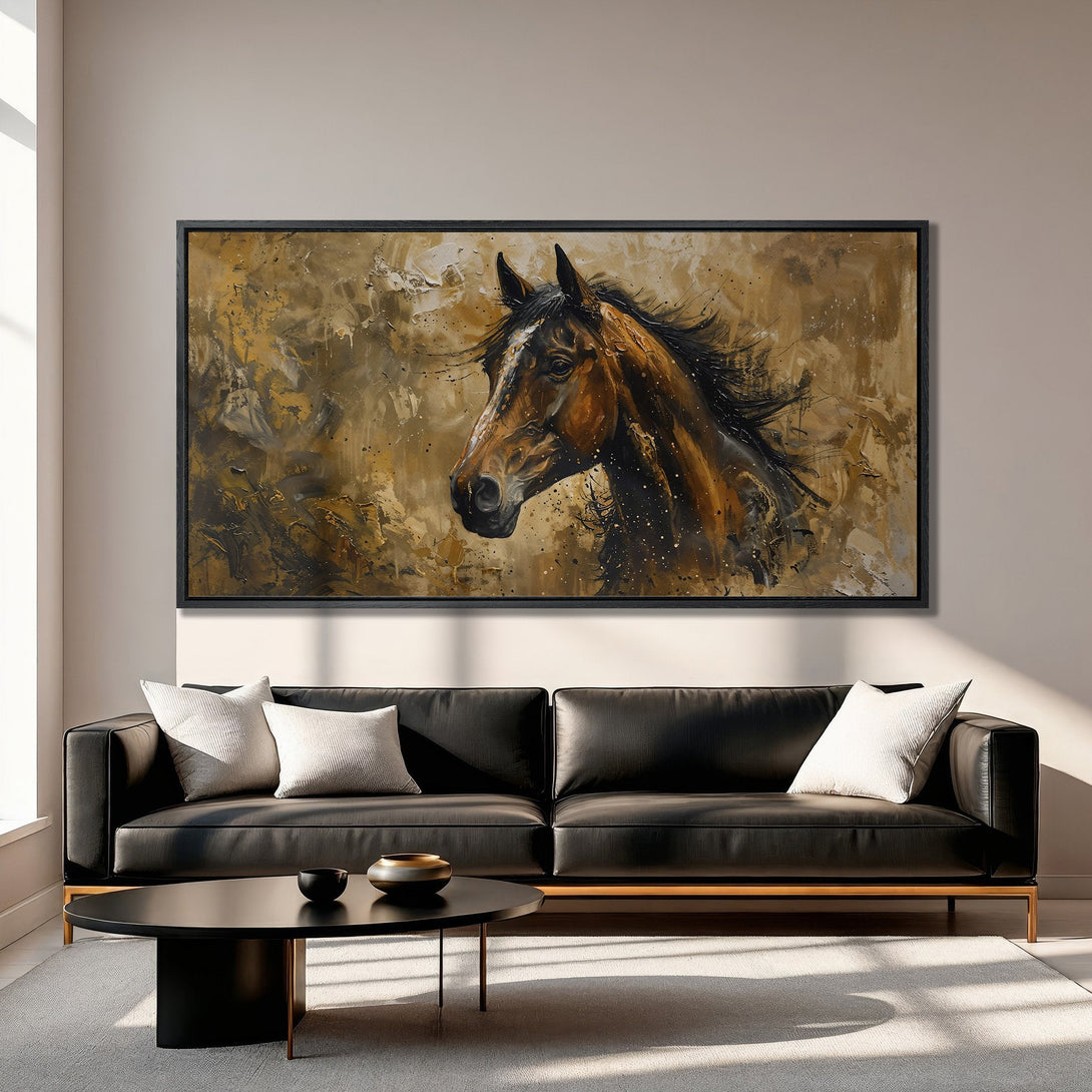 Framed Wall Art: Stunning horse portrait canvas print in warm earth tones. Perfect for adding a touch of elegance to any living room. Shop now!