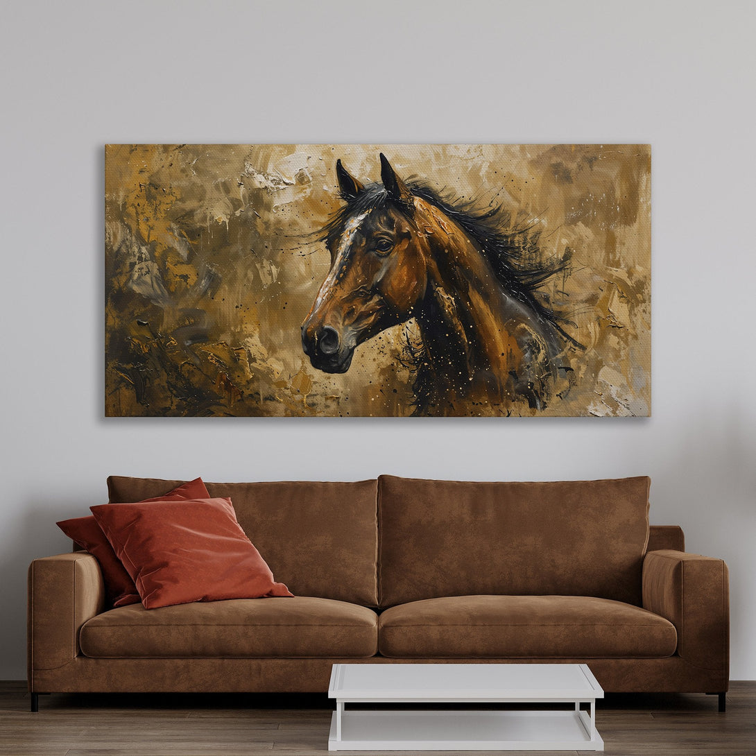 Framed Wall Art: Stunning horse portrait canvas print in warm brown and gold tones, perfect for adding a touch of elegance to any space.