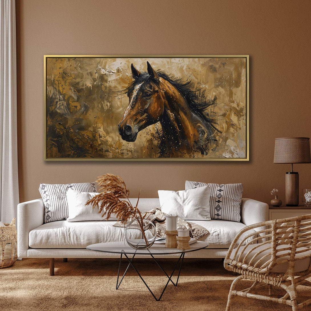 Canvas Print of a majestic horse head in a warm, earthy palette. Modern abstract style, perfect for adding a touch of elegance to your home.