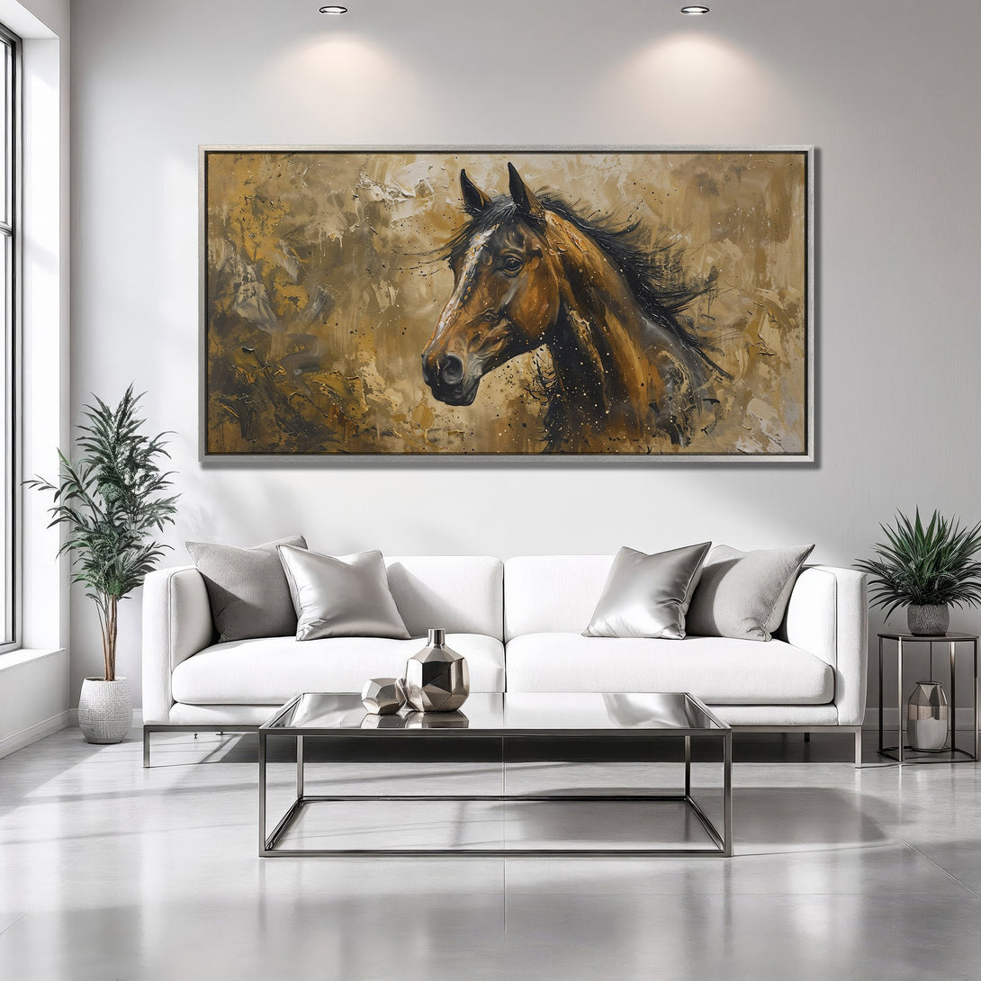 Framed Wall Art featuring a majestic horse in a warm, earthy palette. Perfect for adding a touch of elegance to any room!