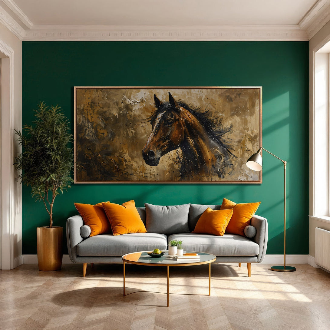 Framed Wall Art: Dramatic horse portrait in warm brown tones. Modern abstract style on canvas, complementing a green wall interior. Perfect for home decor.