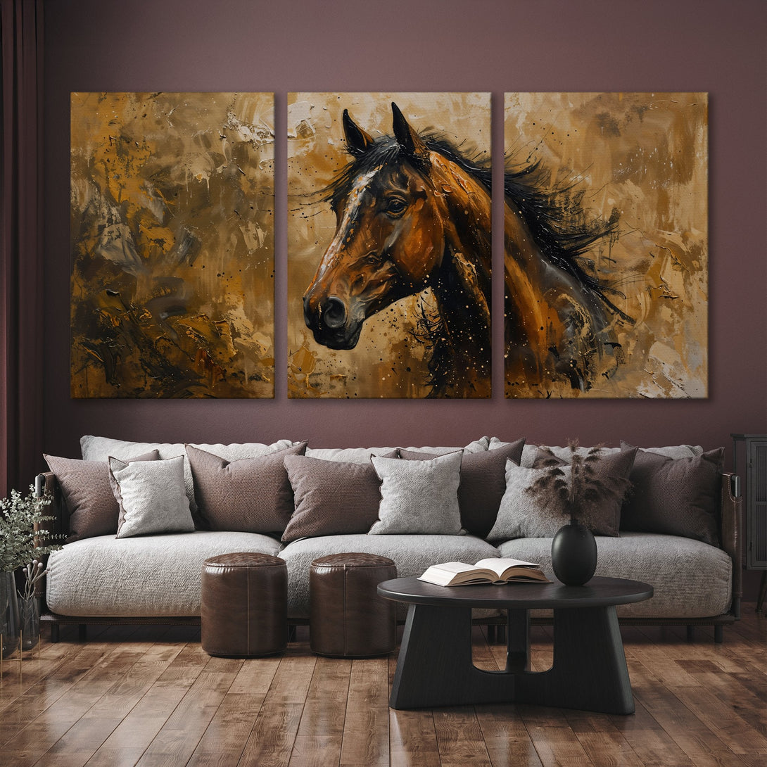Canvas Print of a majestic horse in an abstract style, warm brown and gold tones. Perfect wall art for a living room.