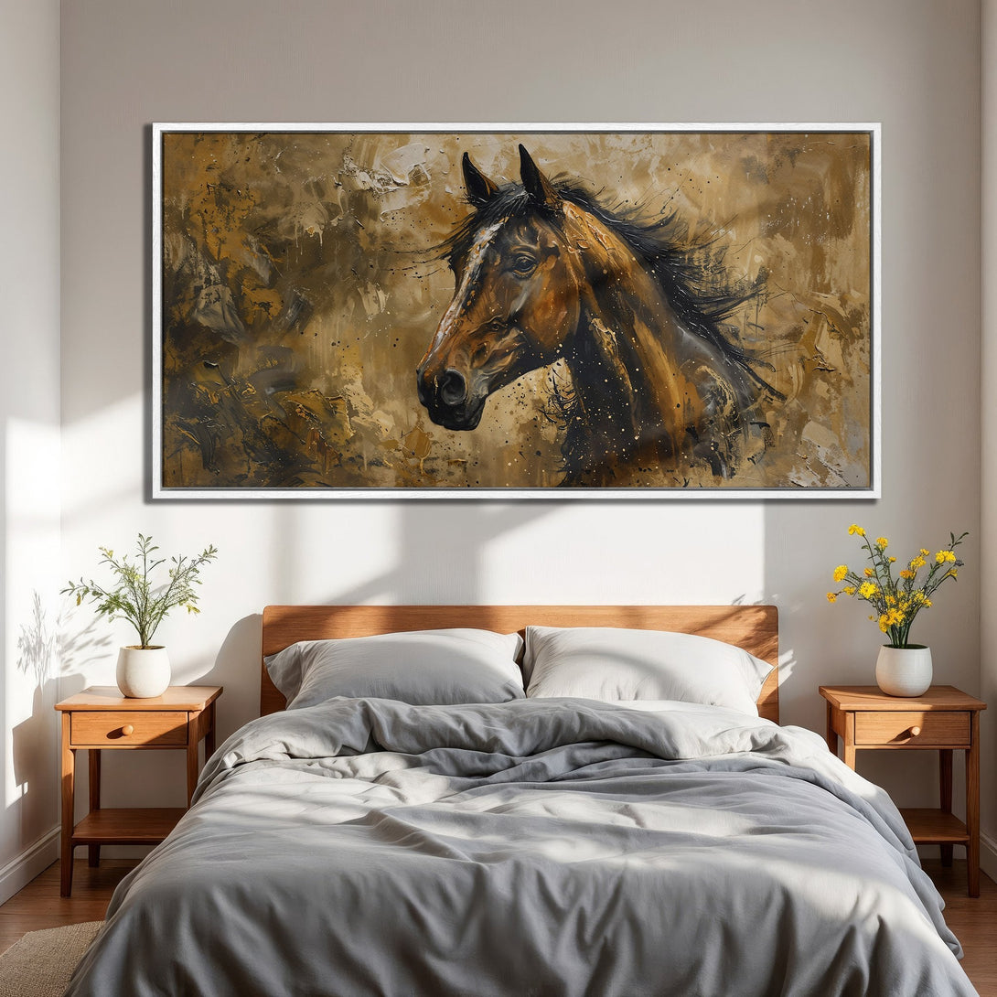 Framed Wall Art: Stunning abstract horse portrait in warm brown tones. Perfect for bedroom decor! Elevate your space with this captivating Canvas Print.