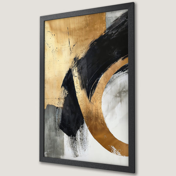 Framed Poster featuring abstract art in black, gold, and gray. Modern brushstroke style, perfect for adding a touch of elegance to any space.