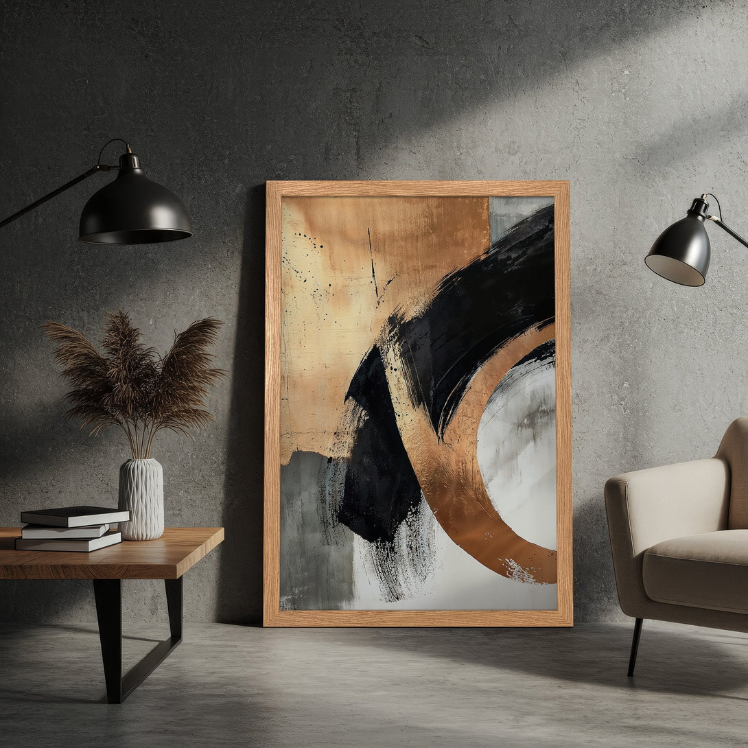Framed Poster: Abstract art in black, gold, and neutral tones. Modern wall decor for a stylish home.