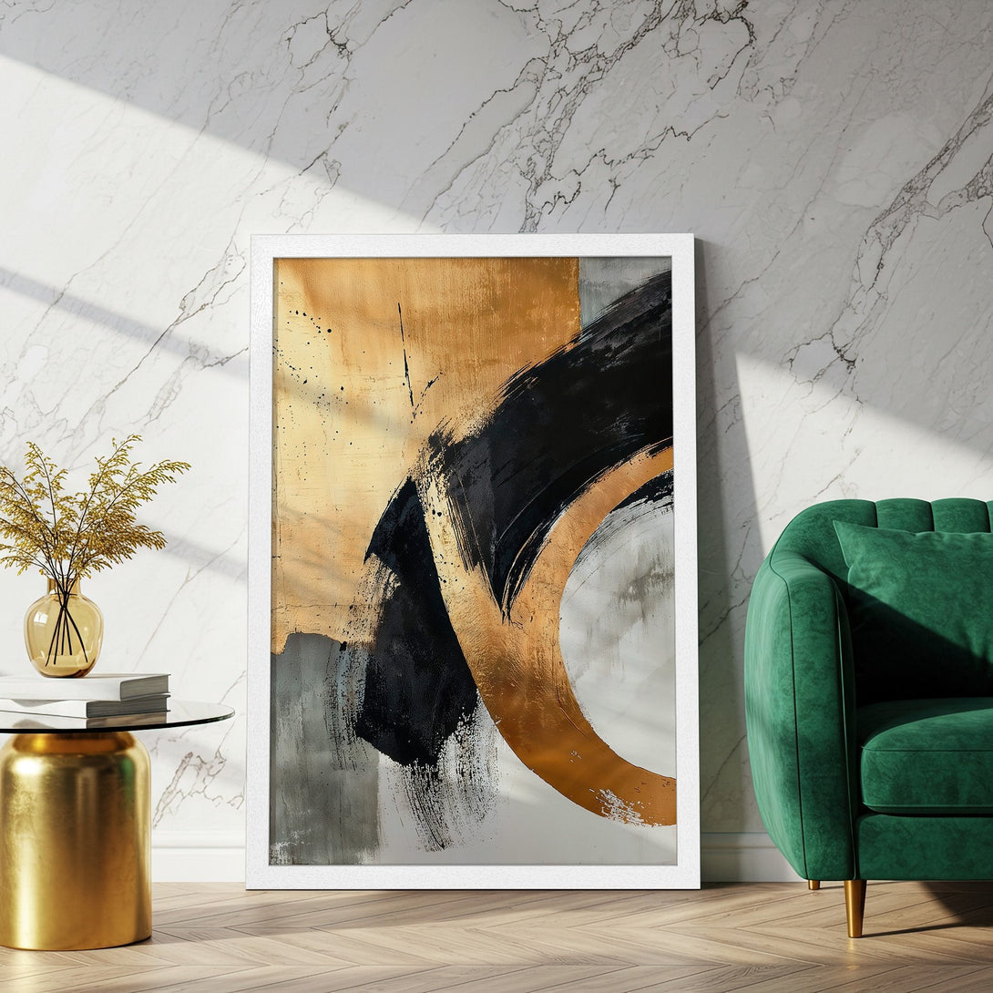 Framed Poster: Abstract art print with gold, black, and gray brushstrokes. Modern style, neutral color palette for elegant home decor.
