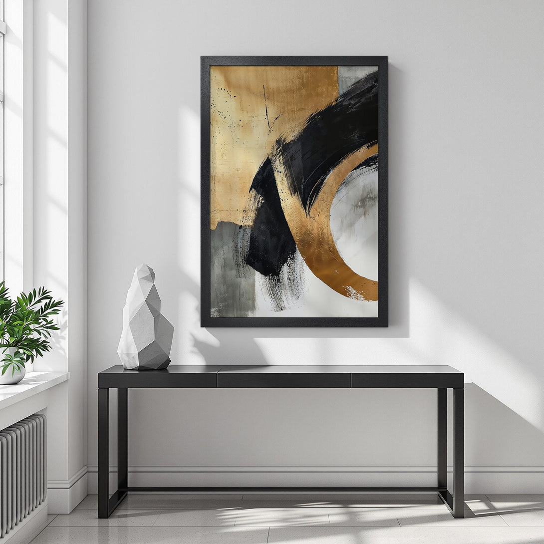 Framed Poster featuring abstract art in gold, black, and gray. Modern style wall art for home decor. Shop this stunning Poster today!