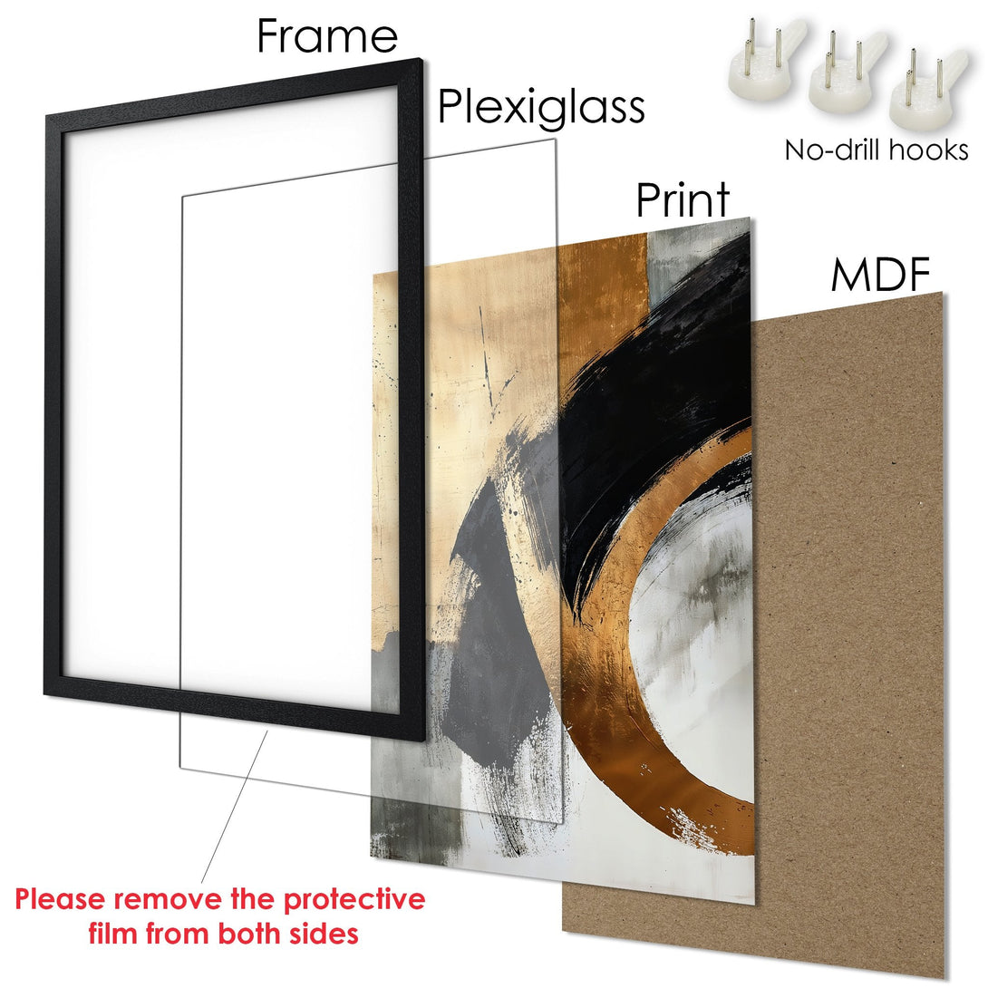 Framed Poster with abstract art in gold, black, and gray. Modern art print ready to hang.