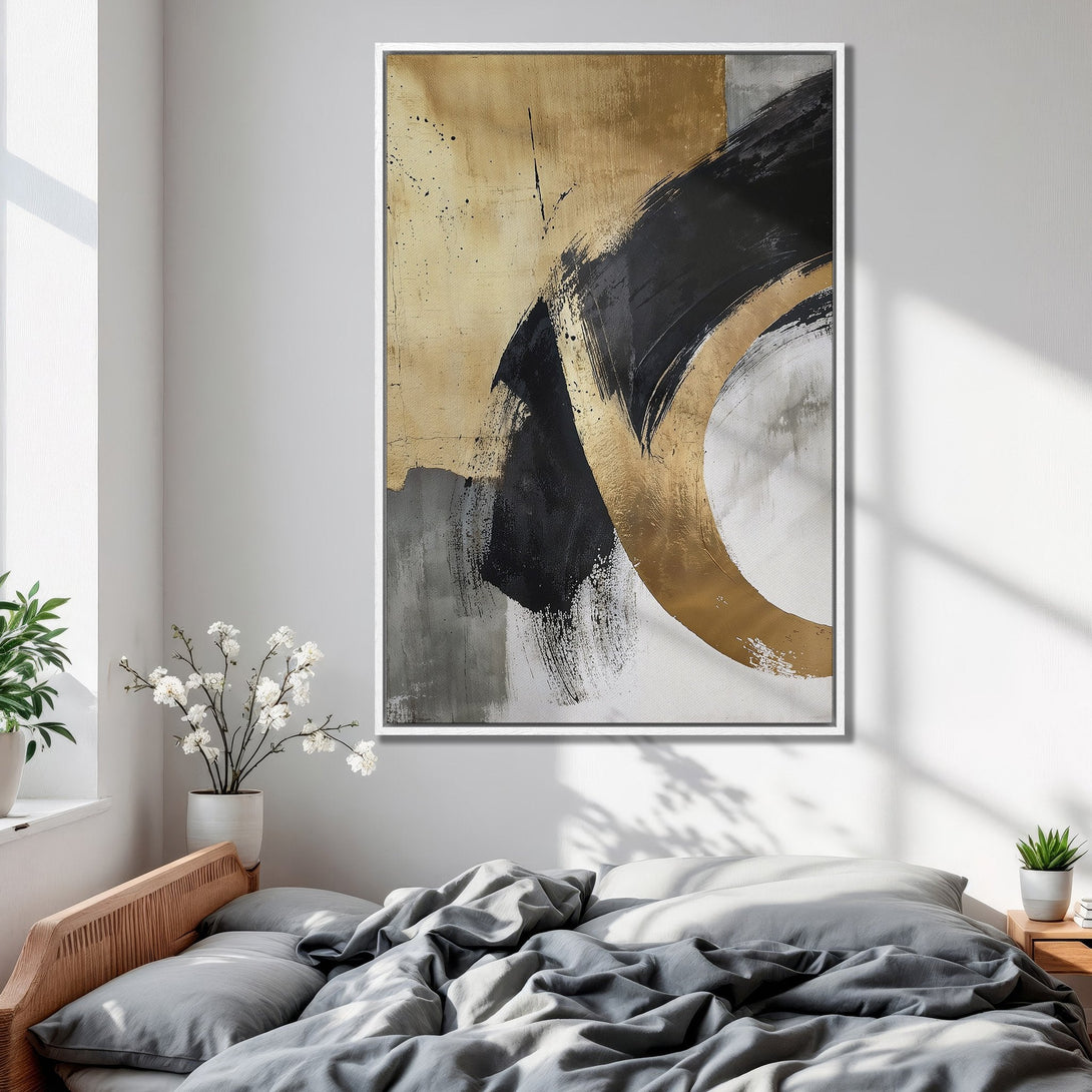 Framed Wall Art abstract canvas print in gold, black, and gray. Modern art for bedroom decor, adding a touch of elegance.