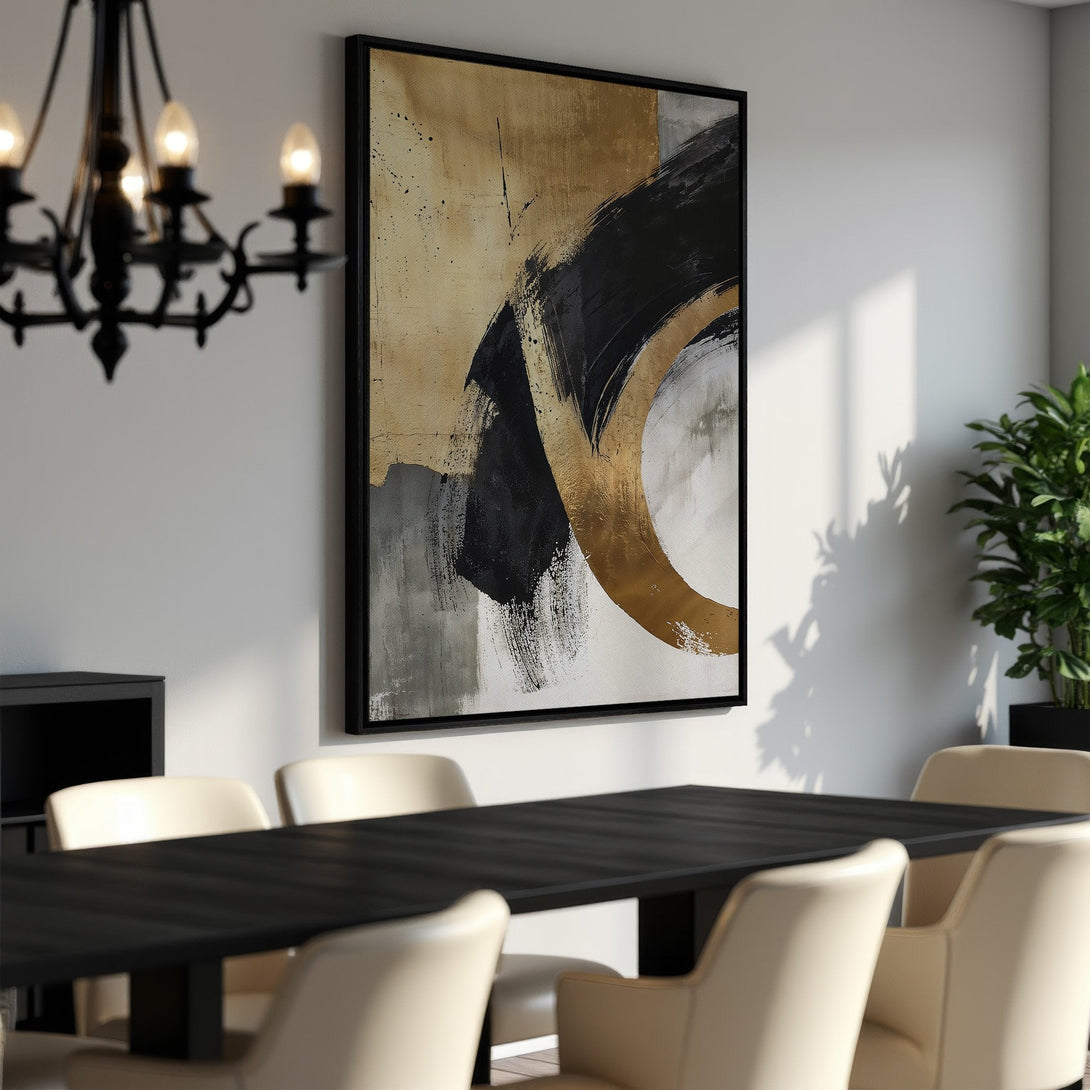 Framed Wall Art: Abstract gold, black, and gray brushstroke painting. Modern art canvas print adds a touch of elegance to any dining room or living space.