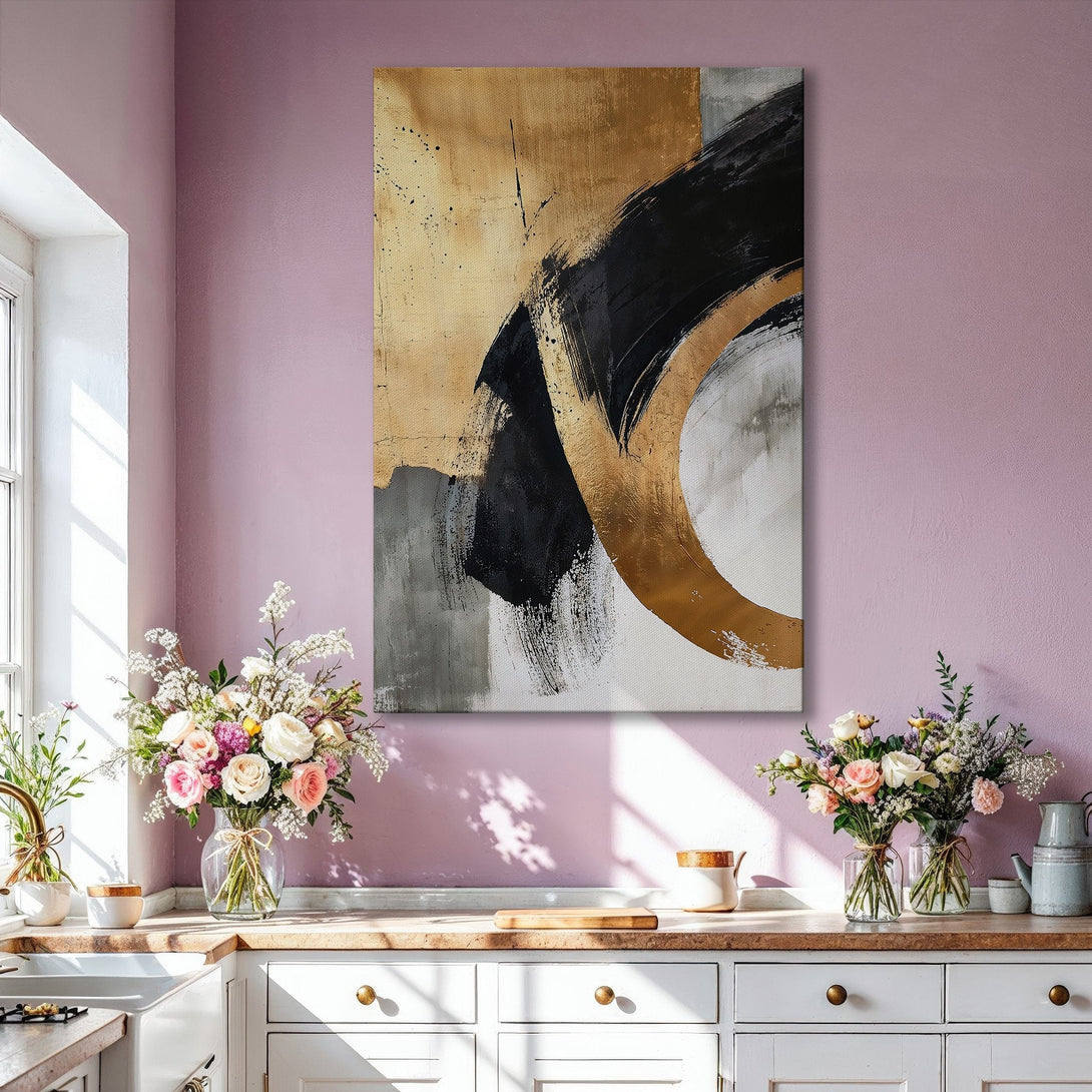 Framed Wall Art: Modern abstract painting in gold, black, and grey. Stylish canvas print adds a touch of elegance to any living room. Shop now!