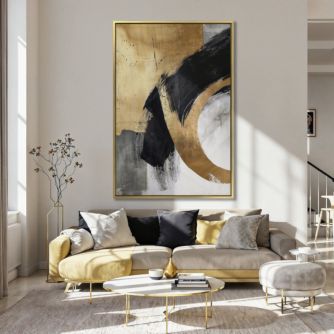 Abstract Canvas Print in gold, black, and gray, displayed in a stylish interior. Modern art for your home.