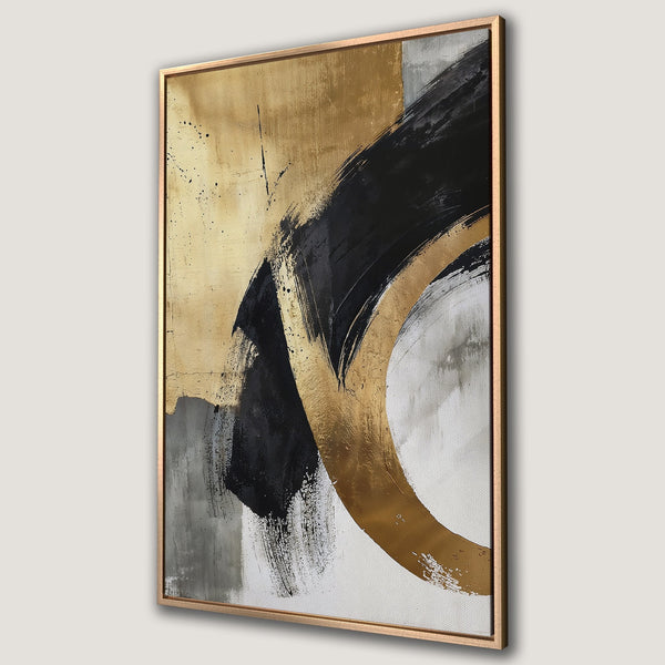 Framed Wall Art: Abstract gold, black, and gray brushstroke art. Modern canvas print for a stylish interior. Enhance your space with this elegant piece.