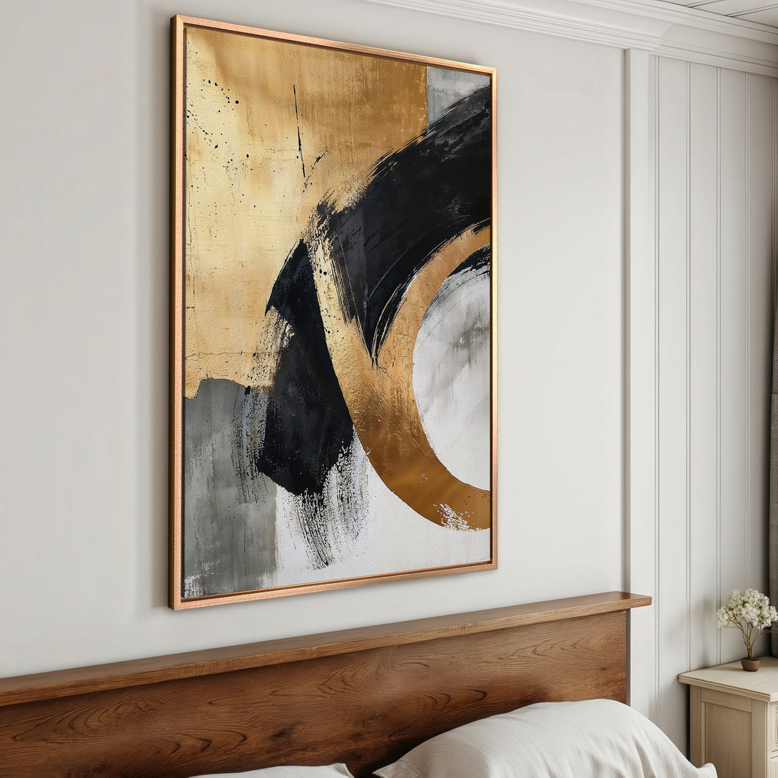 Framed Wall Art: Abstract painting with gold, black, and gray brushstrokes. Modern art canvas print for bedroom decor.